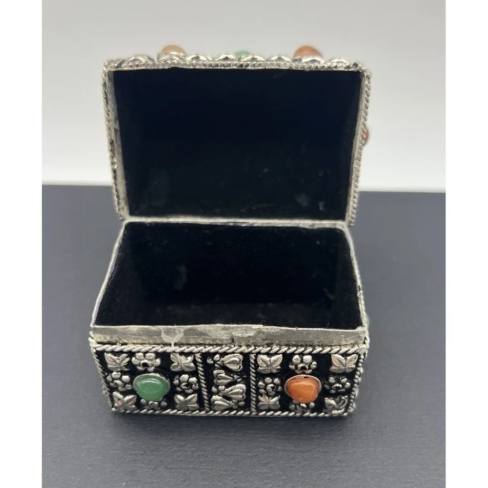 Small Metal and Semiprecious Stones Jewelled Pillbox Trinket Jewelry Box